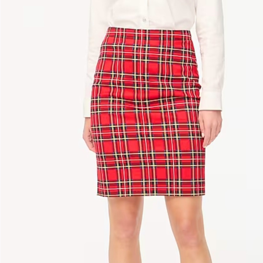 J. Crew red plaid sateen pencil skirt, 97% cotton 3% elastane,